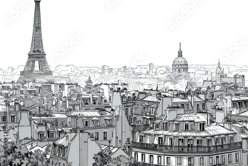 city skyline with eiffel tower, black and white, grunge, roofs, silhouette