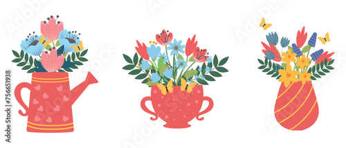 Set of spring floral backgrounds, modern greeting card templates. Hand-drawn bouquets of flowers in different vases. Congratulations on March 8, Womens Day, Mothers Day.