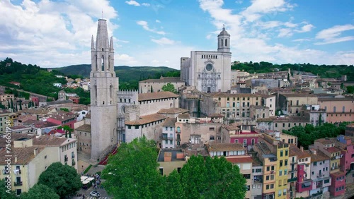 Vistas aéreas de la ciudad de Girona con drone. Catedral de Girona y basílica de Sant Feliu. Ciudad medieval en España photo