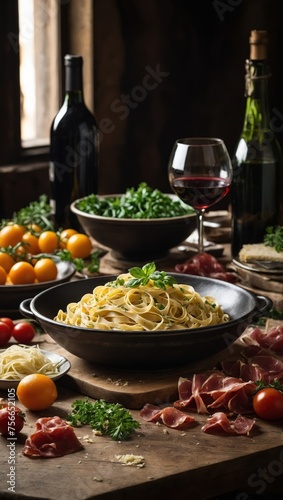 Pasta with meat, vegetables and wine