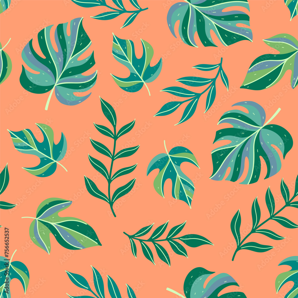 Seamless pattern with tropical leaves on a peach background. Vector graphics.