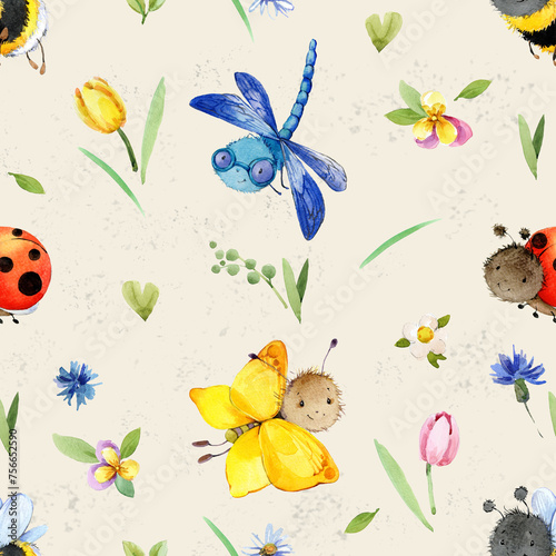 Cute childish seamless pattern with hand drawn cartoon Butterfly. Background with butterflies for kids. Great for birthday, fabric, textile, cards, wrapping. Watercolor illustration