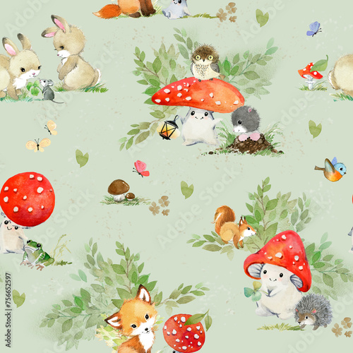 Hand Drawn Seamless Watercolor Pattern with Cute Mushrooms and Forest Animals. Cute drawing doodle cartoon characters. Design for scrapbooking, paper goods, background, wallpaper, fabric 