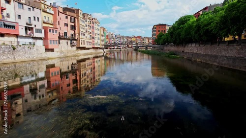 Vistas aéreas de la ciudad de Girona con drone. Río Onyar. Ciudad medieval Cataluña, España photo