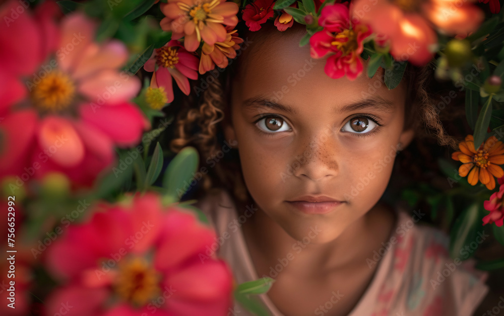 Portrait of a cute little girl and big colorful blooming flower Portrait of a cute little girl and big colorful blooming flower