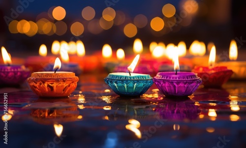 Happy diwali. Traditional indian oil lamps for diwali festival. photo