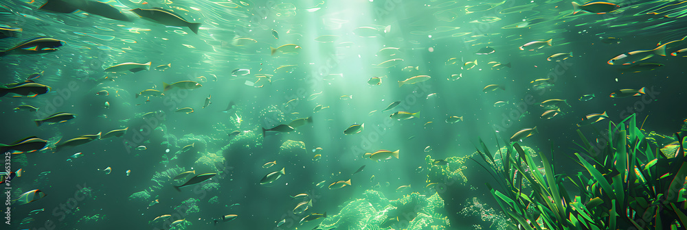 Fototapeta premium Underwater world, seaweeds and water plants waving in idyllic clean waters.