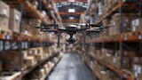 Drone in the warehouse, autonomous delivery robot is flying in storehouse shipping