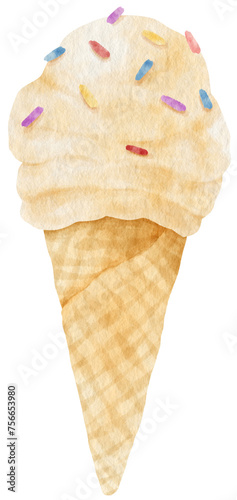 Vanilla Icecream cone watercolor illustration for Summer Decorative Element