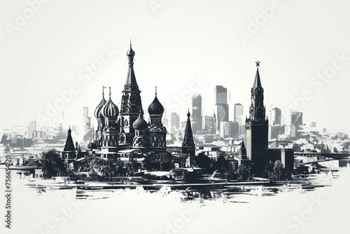 Moscow city, skyline with Kremlin, black and white, grunge, silhouette, silhouette of the cathedral, St. Basil's Cathedral on Red Square in Moscow