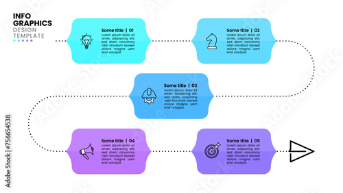 Infographic template. A zigzag line with 5 banners and a paper plane