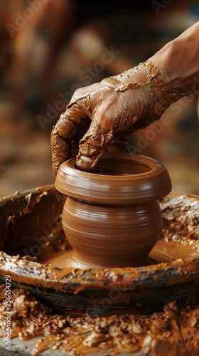 Vertical closeup of hands making pottery from clay on turning wheel