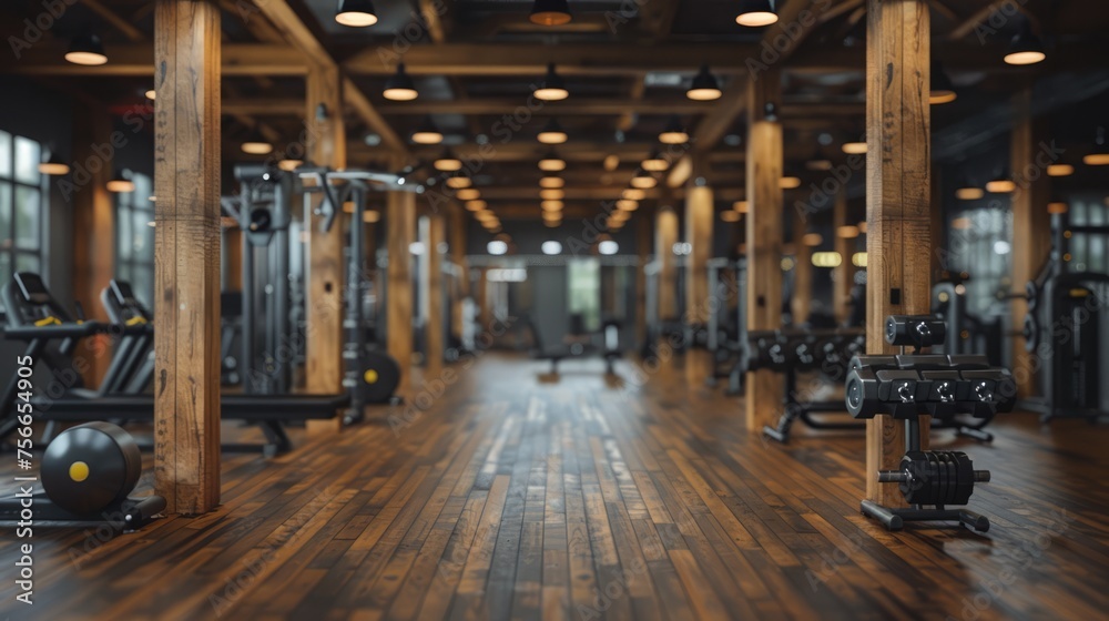 Fototapeta premium Blurred gym interior background, sport fitness equipment banner.