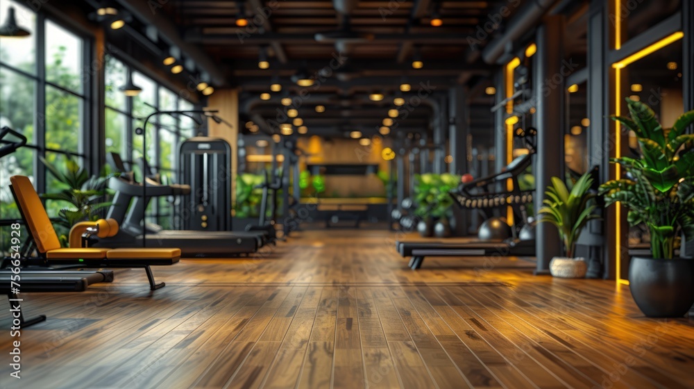 Blurred gym interior background, sport fitness equipment banner.