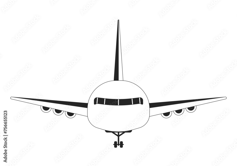 Airplane front view black and white 2D line cartoon object. Airport vehicle. Plane transport aviation isolated vector outline item. Flying transportation airliner monochromatic flat spot illustration Airplane front view black and white 2D line cartoon object. Airport vehicle. Plane transport aviation isolated vector outline item. Flying transportation airliner monochromatic flat spot illustration