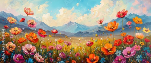 A vibrant landscape painting of blooming flowers in the foreground, with mountains and sky in the background. 