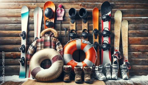 Winter sports equipment displayed on wooden background
