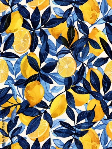 A painting featuring vibrant yellow lemons and green leaves on a clean white background.