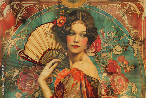woman with fan, art, lady, caucasian