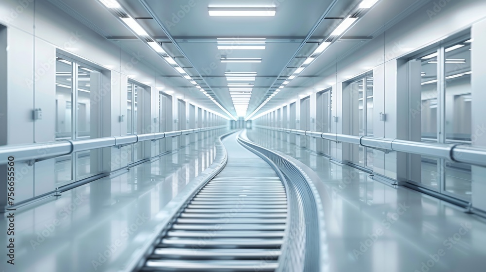 Obraz premium Modern conveyor belt in a clean, white manufacturing facility