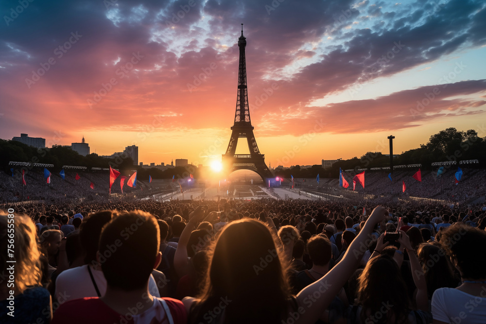 Crowd of supporters at a sports event at the Eiffel tower in Paris France, illustration for Olympic games in summer 2024 imagined by AI generative - not the actual event - obrazy, fototapety, plakaty 