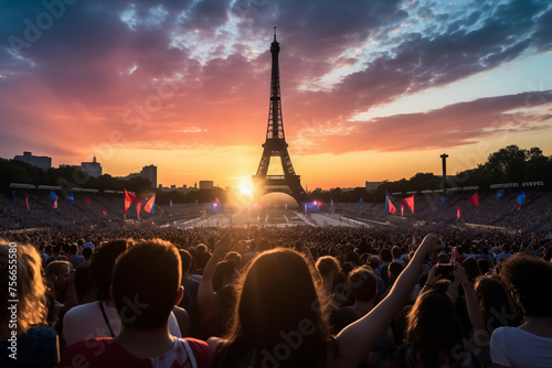 Crowd of supporters at a sports event at the Eiffel tower in Paris France, illustration for Olympic games in summer 2024 imagined by AI generative - not the actual event photo