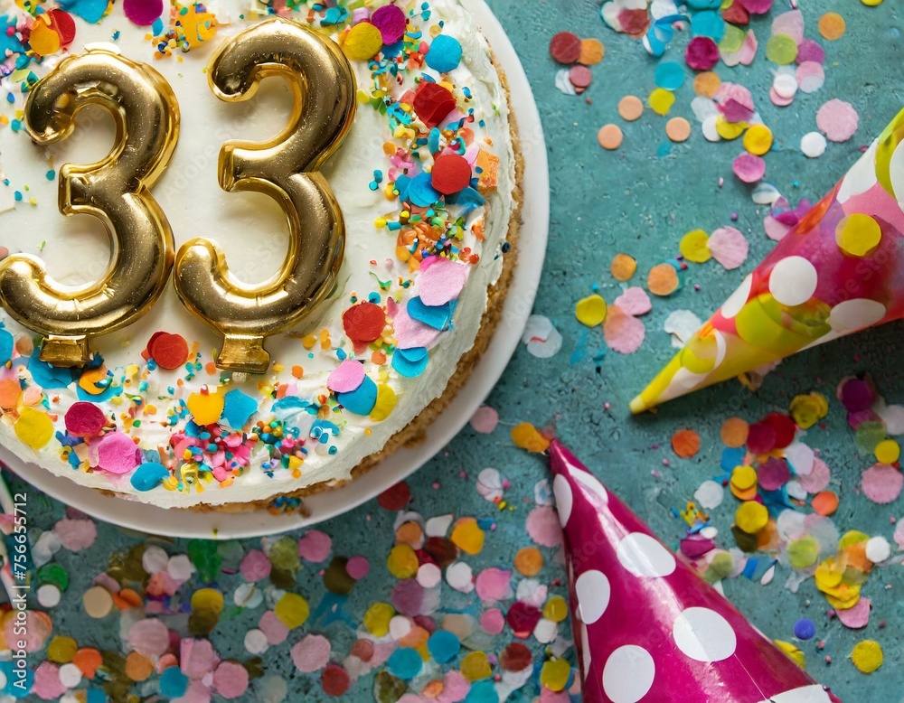 Fototapeta premium 33 Geburtstag Feier, Party, Konfetti Torte, Draufsicht 
