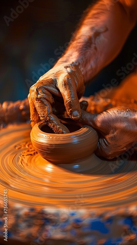 Vertical closeup portrait of wet hands with clay molding material into shape of vessel on turning potters wheel