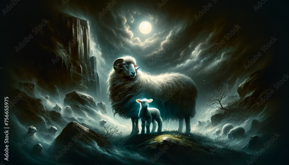 Obraz premium Dramatic night scene with sheep and lamb under moonlight