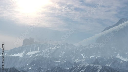 UFO metallic saucer crashing in snowy mountains, aerial 
Cinematic sic-fi concept, 4K,2024
 photo