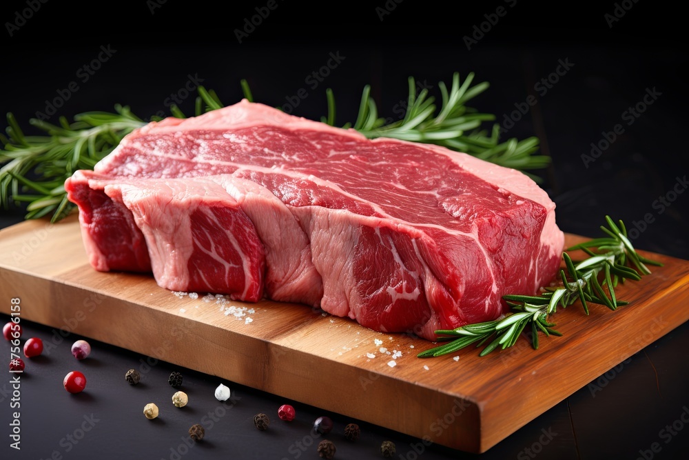Raw beef meat steak with old rustic wooden cutting board background