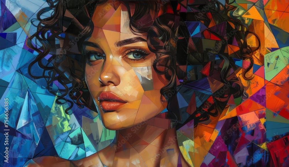 A portrait of an attractive woman with curly hair in  composed of triangles and squares