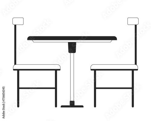 Cafeteria table chairs black and white 2D line cartoon object. Cafe furniture isolated vector outline item. Dining room, restaurant seats. Coffee shop interior monochromatic flat spot illustration