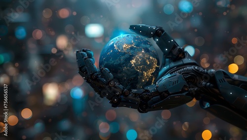 A robot holds the planet Earth in his hand, with blue and black colors, with a bokeh effect, on a dark background, with a futuristic design.