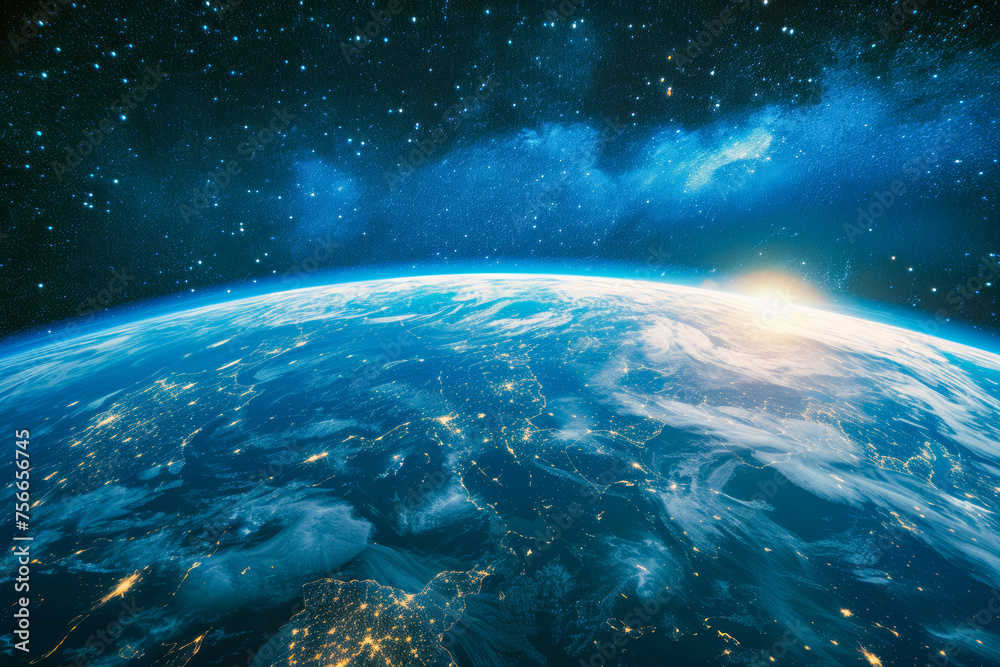 Obraz premium A breathtaking view of Earth from space, showcasing the planet's nighttime beauty as city lights twinkle like stars. The thin blue line of the atmosphere encapsulates our world