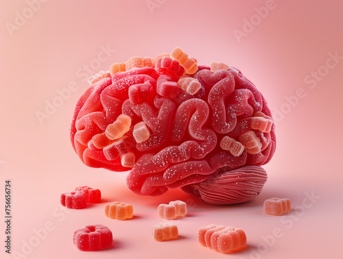 A brain as red gummy candies to express sweetness of the human mind on a pastel pink seamless background