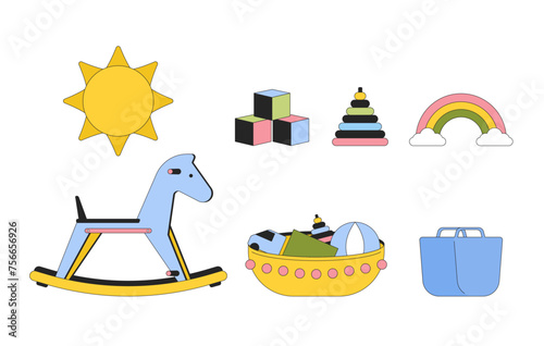 Childhood toys 2D linear cartoon objects set. Pyramid ring, rocking horse, playthings isolated line vector elements white background. Early development activity color flat spot illustration collection