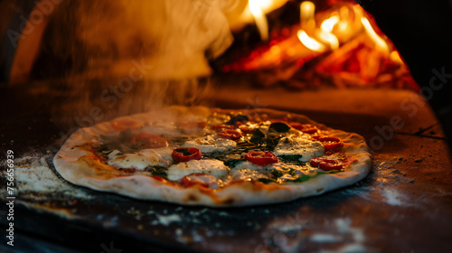 Foto Fresh Margherita Pizza from Wood-fired Oven, Close-up of Margherita pizza with m