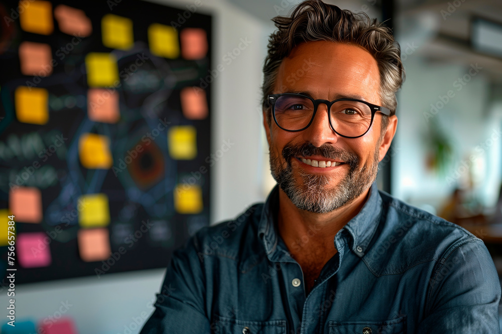 A portrait of a confident leader implementing agile methodologies in their organization. A man with glasses and a beard is happily smiling for the camera