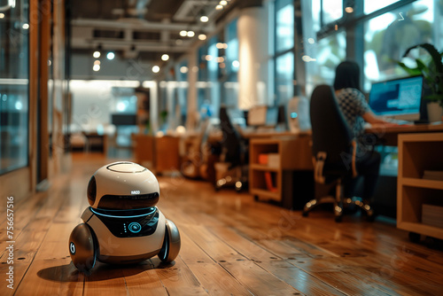 An office environment with remote-controlled robotic assistants aiding productivity. A robot is resting on a wooden floor in an office © ivlianna