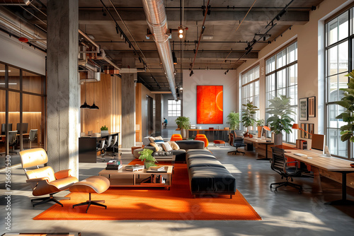 An office space designed for creativity and innovation, with flexible work areas. Interior design with couch, chairs, and rug in living room photo