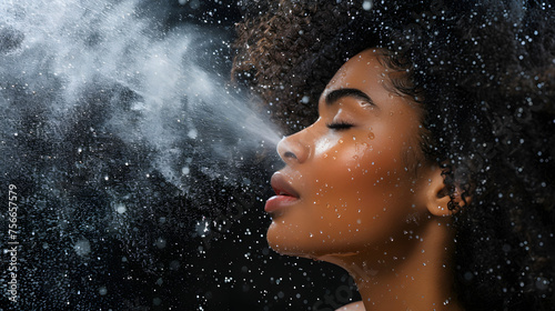 black female woman spraying mist on her face, profile picture of mist wter splashing all over ther face and hair. she has long curly hair, well dressed, her face is wet, she is spraying the mist with  photo