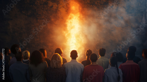 Pentecost shown with tongues of fire descending on a diverse group of people gathered in unity, with copy space