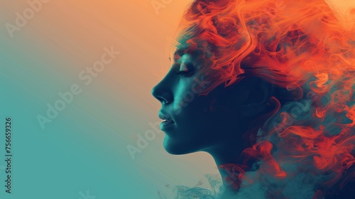 A striking abstract profile of a woman emerges from fiery orange and cool teal smoke, evoking a sense of mystery and transformation.