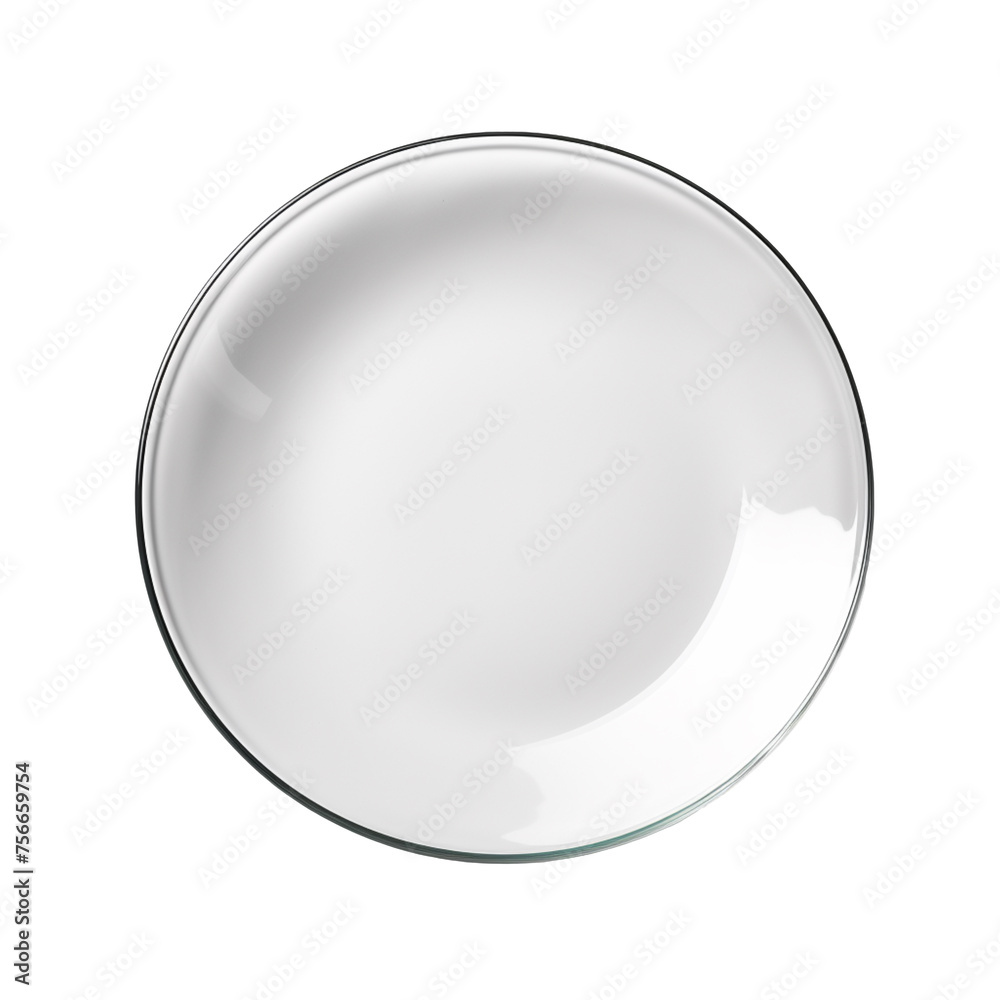 Empty clean glass plate isolated on transparent background, PNG available
