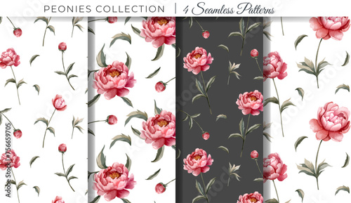 Set of floral backgrounds with watercolor peonies. Flower seamless pattern. Peony ornaments