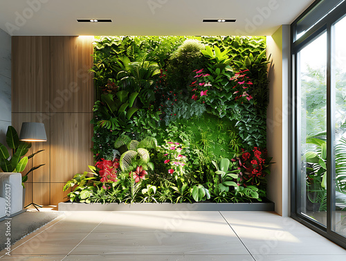 Modern living room with vertical garden wall, natural interior design concept. photo