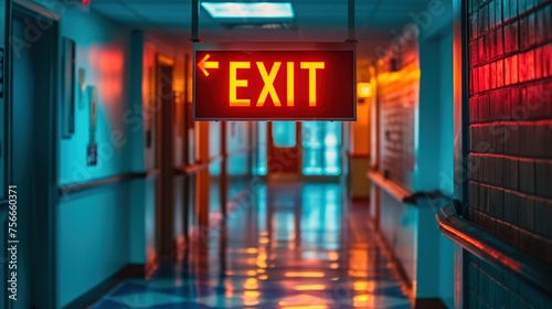 Exit sign above a doorway leading out on a hallway.
