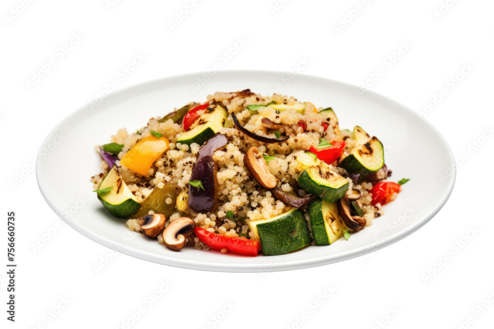 Quinoa salad with grilled vegetables, nuts and vinaigrette isolated on transparent background. Quinoa salad with grilled vegetables, nuts and vinaigrette isolated on transparent background.