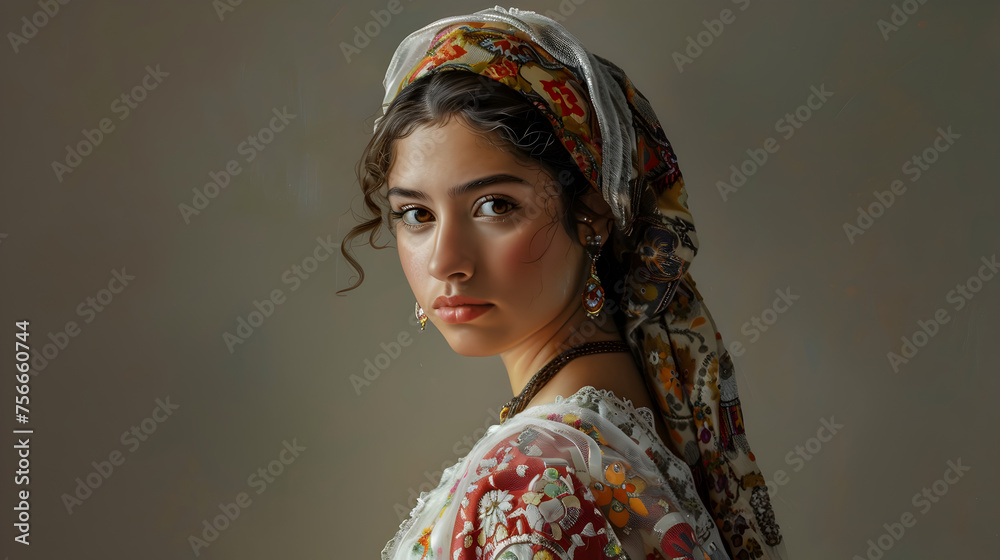Φωτογραφία oil paint-style portrait of a woman wearing a traditional dress from a culture around the world